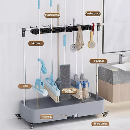 Commercial Mop Rack, Broom Holder Organizer, Cleaning Caddy On Wheels, Floor-Mounted Mop Bucket, Freestanding Broom Closet Cabinet (Color : White, Size : 92x40x96cm(8slots))