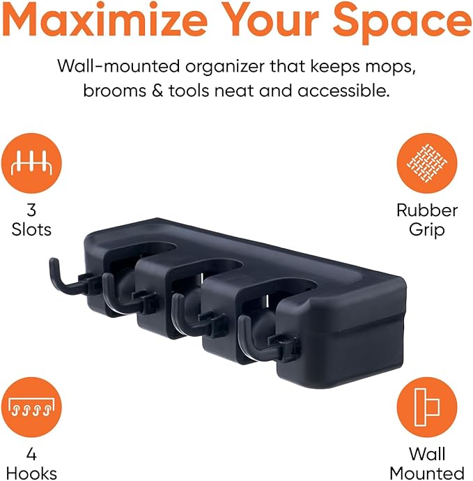 Superio Mop and Broom Holder Wall Mount Storage Organizer for Kitchen, Garage, Garden, 3 Slots (Black)