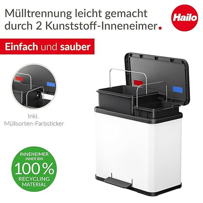Hailo OKO Duo Plus L 0630-200 Kitchen Trash Can with 4.5 + 2.4 Gallon Bins, Rectangular Dual Compartment Recycling Step, Removable Inner Buckets with Soft-Close Lid, White