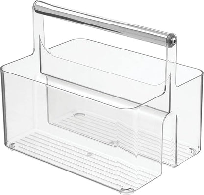 mDesign Plastic Shower Caddy Storage Organizer Utility Tote, Divided Basket Bin - Metal Handle for Bathroom, Dorm, Kitchen, Holds Soap, Shampoo, Conditioner - Aura Collection - Clear/Chrome