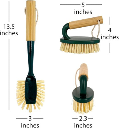 Pine-Sol Scrub Brush Cleaning Tool Set - Heavy Duty Brushes with Bamboo Handles, Dustpan, Shower Squeegee - Dishwashing, Kitchen, and Bathroom Cleaning Supplies, 6 Pieces