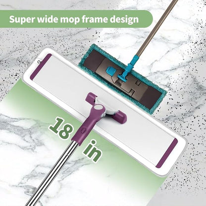 CQT Commercial Flat Microfiber Floor Mop Cleaning System 18" Inch Wet Dry and Dust Hardwood with 4 Washable Pads Cleaner for Laminate Tile Stainless Steel Handle and Extension (PT13-WET)