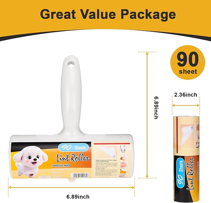 Extra Sticky Lint Roller with 1 Upgraded Handles, 90 Sheets (1 Roll), Effectively Removes Pet Hair, Lint & Fur from Clothes, Couches, Furniture, and Carpet