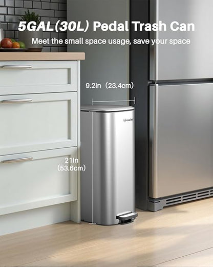 Lovewind Trash Can with Lid, 8 Gallon/30 L Footstep Garbage Can for Kitchen Bathroom Bedroom Home Office, 20 Liter Trash Bin Brushed Stainless Steel Waste Bin with Soft-Close Lid, Silver