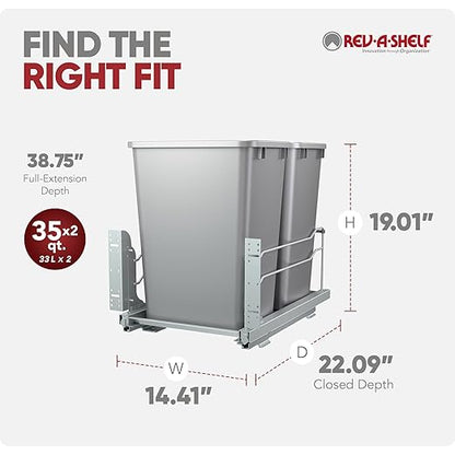Rev-A-Shelf Double Pullout Trash Cans for Under Kitchen Cabinets 35 Quart 8.75 Gallon with Soft-Close Slides, 14.5" Min Opening, 53WC-1835SCDM-217