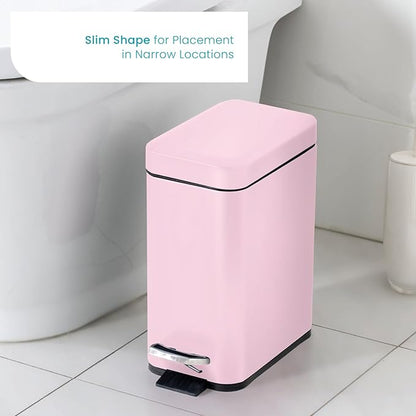 Home Zone Living 1.3 Gallon Small Bathroom Trash Can with Lid and Step Pedal, Stainless Steel Wastebasket with Slim Design for Home and Office, Matte Pink, 5 Liters
