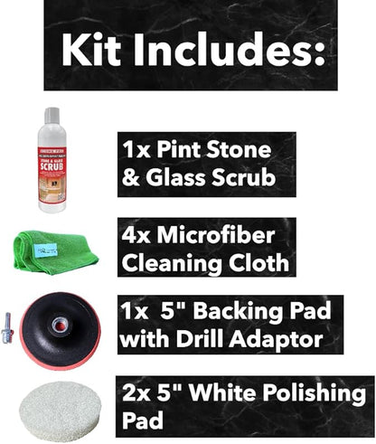 Hard Water Deposit Remover KIT - Scrub Deep Cleans Granite Countertops, Travertine Showers, Glass Shower Doors (1 Pint Stone Pro Stone & Glass -16 Fl Oz, 5" white pad, & Cleaning Cloth)
