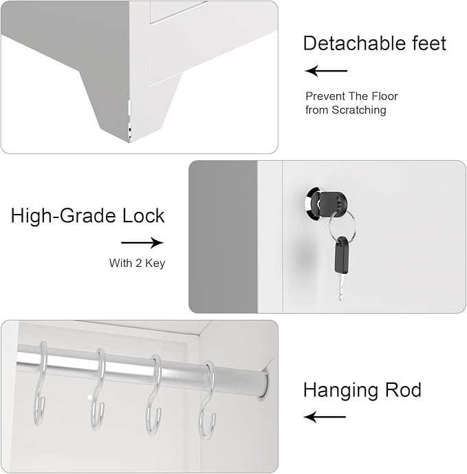 65" Metal Broom Storage Cabinet with Lock, Slim Freestanding Broom Closet Organizer with Adjustable Shelves and Hooks White Tall Utility Cabinet for Mop Broom Small Vacuum Garage Laundry Room