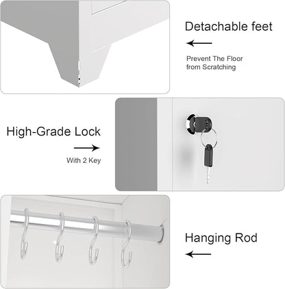 65" Metal Broom Storage Cabinet with Lock, Slim Freestanding Broom Closet Organizer with Adjustable Shelves and Hooks White Tall Utility Cabinet for Mop Broom Small Vacuum Garage Laundry Room