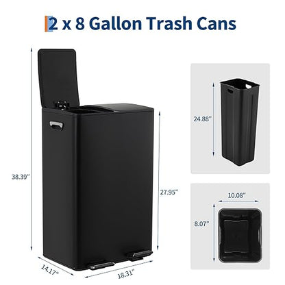 Garvee Dual Compartment Trash Can, 2 x 8 Gal (2 x 30L) Stainless Steel Recycling Bin with Anti-Slip Foldable Foot Pedal & Soft-Close Lid, Kitchen Garbage & Recycle Bin Combo - Black