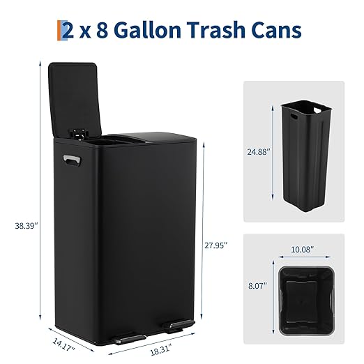 Dual 2 x 8 gal (2 x 30L) Stainless Steel Trash Can with Recycling Bin, Soft-Close Lid, Foldable Anti-Slip Step-on Pedal, Stainless Steel Handle, Removable Plastic Inner Buckets for Kitchen or Office