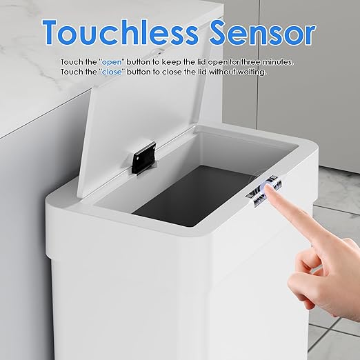 Sensor Trash Can, Touchless Motion Sensor Trash Bin, Smart Automatic Garbage Can with Soft-Close Lid, Bag Retainer Ring and Display Light,for Kitchen,Living Room Office (White, 16 Gal)