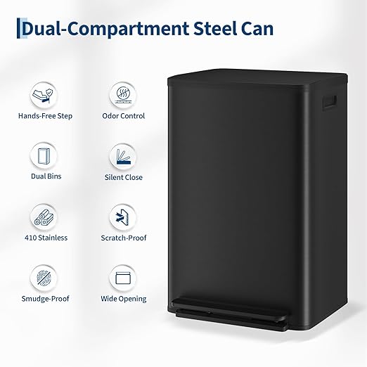 13 Gallon Trash Can Kitchen Garbage Bin with Removable Inner Buckets 50L Stainless Steel Step-on Metal Large Waste Cans with Soft Close Lid Black