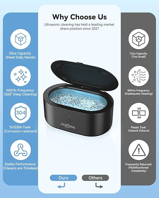 JeaTone Ultrasonic Jewelry Cleaner, 46KHz Sonic Jewelry Cleaner Machine for All Jewelry, Eyeglasses, Retainers, Dentures, Rings, Watches, Earrings & More, 304 Stainless Steel 20oz Cleaning Pod (Black)