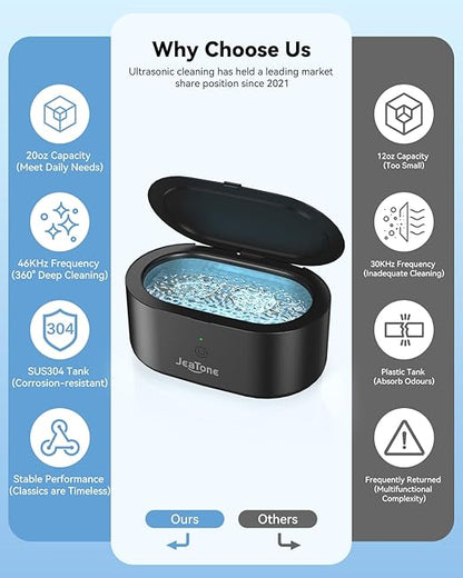 JeaTone Ultrasonic Jewelry Cleaner, 46KHz Sonic Jewelry Cleaner Machine for All Jewelry, Eyeglasses, Retainers, Dentures, Rings, Watches, Earrings & More, 304 Stainless Steel 20oz Cleaning Pod (Black)