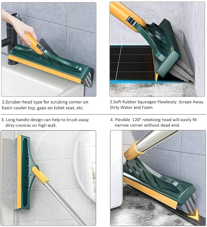 2 in 1 Cleaning Scrub Brush Grout Brush Scrapee 3 Poles 47.6'' Floor Scrub Brush with Long Handle V-Shape Stiff Bristle Brush Scrubber with Squeegee 120°Rotate Shower Scruber for Bathroom Glass