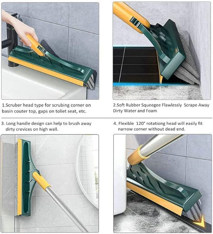 2 in 1 Cleaning Scrub Brush Grout Brush Scrapee 3 Poles 47.6'' Floor Scrub Brush with Long Handle V-Shape Stiff Bristle Brush Scrubber with Squeegee 120°Rotate Shower Scruber for Bathroom Glass