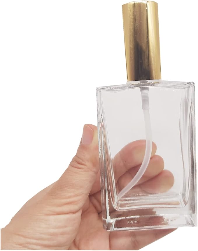 5PCS Square Glass Spray bottle,3.4oz Small Refillable Container with Fine Mist srpayer,Perfume bottle (100ml, Clear+Gold)
