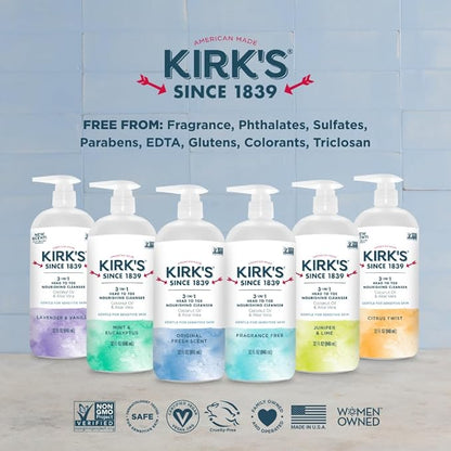Kirk's Original Fresh 3-in-1 Nourishing Cleanser, Shampoo Body Wash Bubble Bath, Coconut Oil and Aloe Vera, Vegan Non-GMO, 32 Fl Oz, Pack of 2