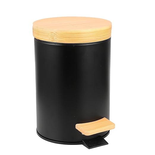Small Bathroom Trash Can with Natural Bamboo Lid Soft Close，3 Liter / 0.8 GallonStainless Steel Garbage Can with Removable Inner Bucket andStep Pedal（Black）