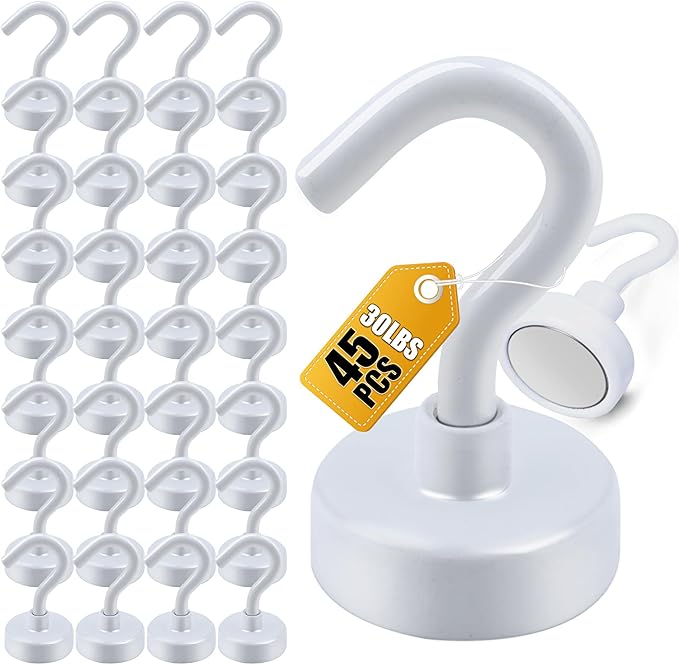 DIYMAG Magnetic Hooks for Refrigerator, Extra Strong Cruise Hook, Heavy Duty Earth Magnets with Hook for Hanging, Magnetic Hanger for Cabins, Grill (45P-White)
