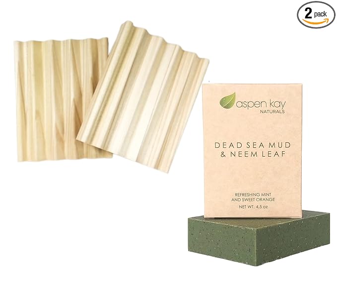 Dead Sea Mud and Neem Soap - Made with Natural and Organic Ingredients 4.5 oz Bar & 2 Pack Soap Dish, Draining Dish - 100% Natural Poplar Wood, No Chemicals