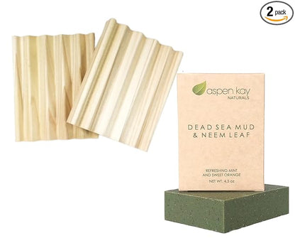 Dead Sea Mud and Neem Soap - Made with Natural and Organic Ingredients 4.5 oz Bar & 2 Pack Soap Dish, Draining Dish - 100% Natural Poplar Wood, No Chemicals