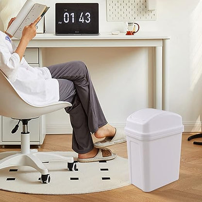 2 Gallon Small Waste Basket with Swing-Lid, Plastic Swing-Top Trash Can, White