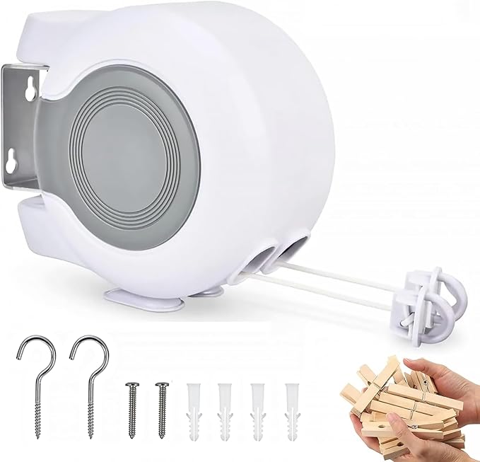 Retractable Clothesline Outdoor - 2x49 Feet Heavy Duty Dual Clotheslines for Outside Laundry Drying, Wall-Mounted & Portable Installation