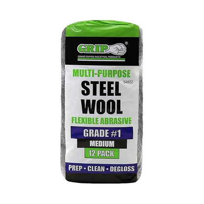Grip Multi-Purpose Steel Wool Flexible Abrasive 12 Pack (Medium #1) - Clean Copper Pipes/Fittings & Linoleum Floors - Degloss Painted Surfaces and Prep Wood for Coats- Home, Garage, Workshop