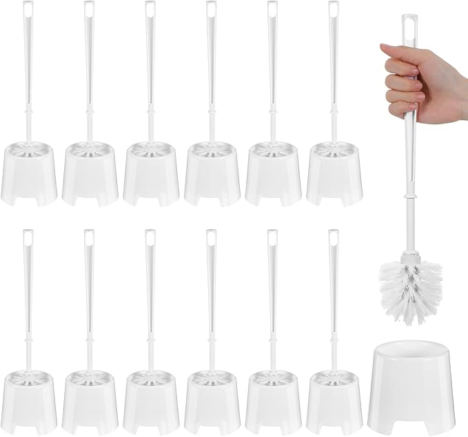 12sets toilet brush and holder set white disposable Toilet Bowl Brush and Plastic Holder Bathroom Deep Cleaning Combo with Caddy Stand Professional Janitorial Scrub Brushs Cleaning Accessor