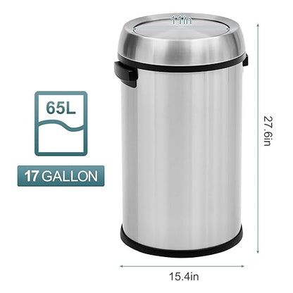 Garvee 65 L/17 gal Swing Top Trash Can, Fingerprint-Proof Stainless Steel Garbage Can, Heavy Duty Commercial Round Trash Bin with Swing Lid for Kitchen, Outdoor, Home, Office, Silver