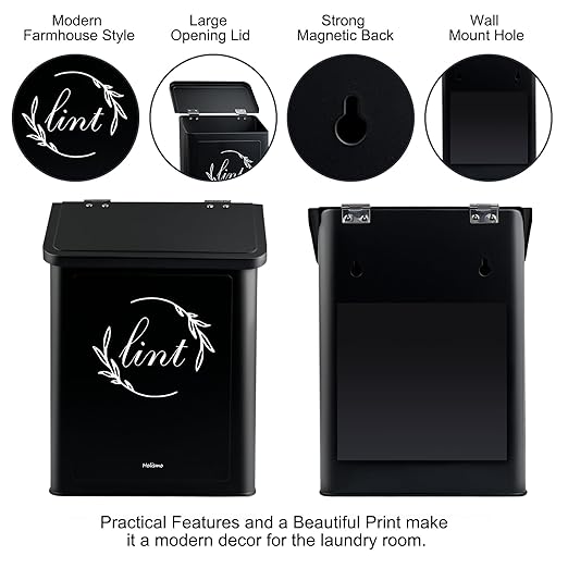 Magnetic Lint Bin for Laundry Room, Metal Lint Trash Can with Lid for Dryer, Wall Mounted Lint Holder Box with Lint Brush, Modern Farmhouse Laundry Room Decor, Black