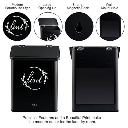 Magnetic Lint Bin for Laundry Room, Metal Lint Trash Can with Lid for Dryer, Wall Mounted Lint Holder Box with Lint Brush, Modern Farmhouse Laundry Room Decor, Black