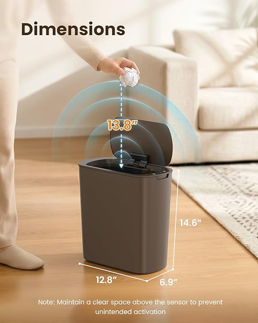 Cesun Bathroom Trash Can with Lid, 5 Gallon Motion Sensor Trash Can, Small Automatic Garbage Can, Touchless Smart Plastic Slim Wastebasket for Bedroom, Office, rv, Living Room, Brown