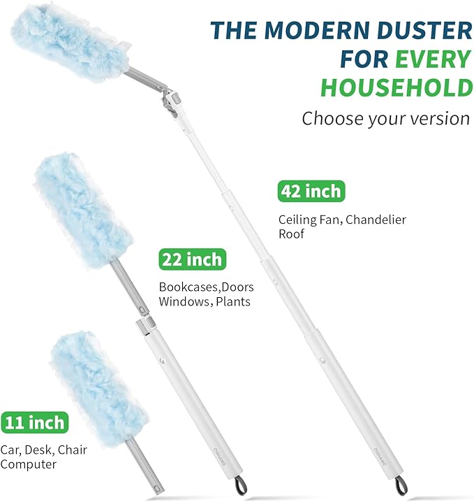 oshang 12 Pack Disposable Heavy Duty Duster Refills - 43" Extendable Handle, Compatible with Swiffer - Dusters for Cleaning Ceiling Fans, Blinds, Furniture & High Corners