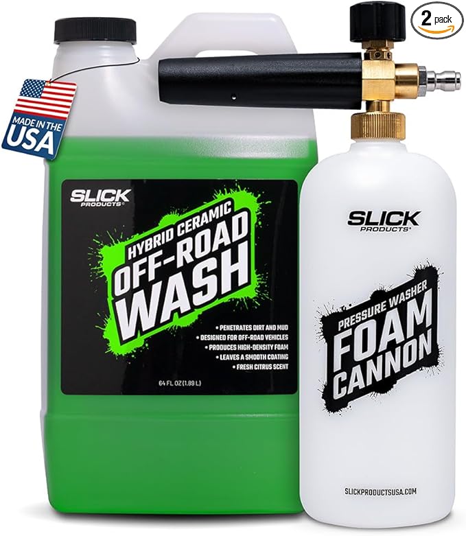 Slick Products Off-Road Wash (64 oz.) + Pressure Washer Foam Cannon Bundle – Super Concentrated ATV, UTV, Dirt Bike, Jeep & Truck Wash Foam Shampoo for Heavy Mud and Dirt