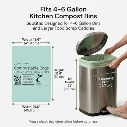 C Crystal Lemon 50 Count Biodegradable Kitchen Food Waste Bags - 6 Gallon Scraps Bags - Heavy Duty Compostable Waste Bags for Kitchen - Unscented Trash Bags 6 Gallon for Yard, Food