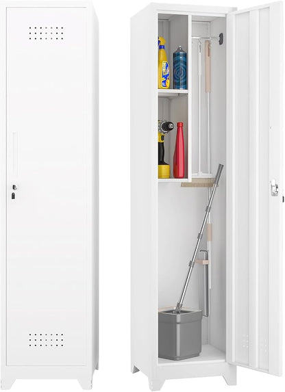 Broom Closet Storage Cabinet,65" H Slim Tool Cabinets with Locking Door and 2 Shelves,Utility Cabinet with Hanging Rod and Hooks for Home Office,White