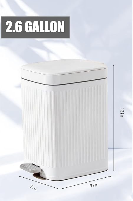 Feisco Small Trash Can with Lid,Small Bathroom Trash Can with Foot Pedal and Press Type Lid,Slim Step-On Trash Bin Wastebasket Garbage Can for Kitchen,Bathroom Office, Bedroom (White, 2.6 Gallon)
