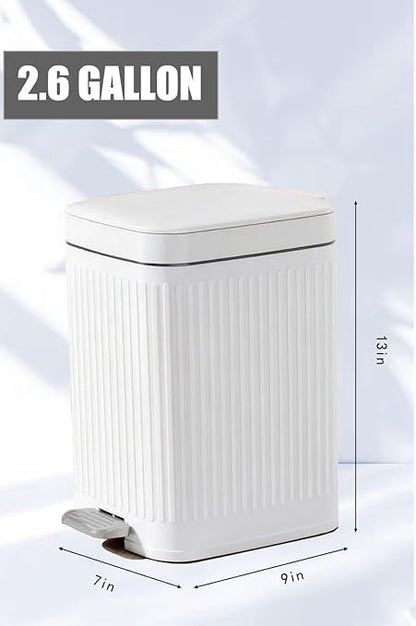 Feisco Small Trash Can with Lid,Small Bathroom Trash Can with Foot Pedal and Press Type Lid,Slim Step-On Trash Bin Wastebasket Garbage Can for Kitchen,Bathroom Office, Bedroom (White, 2.6 Gallon)