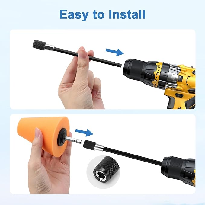 Linkstyle 8Pcs Drill Polishing Cone & Ball Sponge Set, Foam Buffing Pads with Extension Holder & Brush, 1/4" Hex Shank for Electric Drill, Car Wheel Hub Rim & Metal Polisher Tool Kit