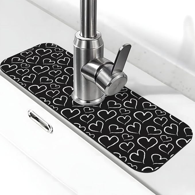 Love Heart Hearts Black And White Kitchen Sink Splash Guard Faucet Mat Super Absorbent Fast Drying Mat Sink Gadgets-Fast Drying Pad Sink Mat For Kitchen Bathroom (15" X 5.5" )