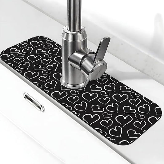 Love Heart Hearts Black And White Kitchen Sink Splash Guard Faucet Mat Super Absorbent Fast Drying Mat Sink Gadgets-Fast Drying Pad Sink Mat For Kitchen Bathroom (15" X 5.5" )
