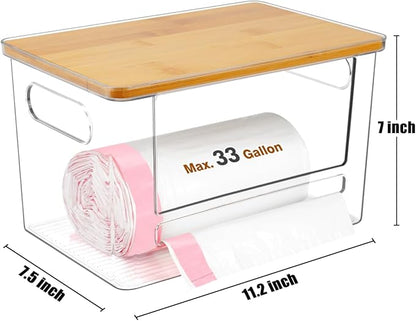 Trash Bag Dispenser 2 Pack, Stackable Acrylic Garbage Bags Dispenser with Bamboo Lid, Extra Large Clear Under Sink Organizer for 13/30/33 Gallon Bags, Kitchen, Cabinet, Laundry Room Storage
