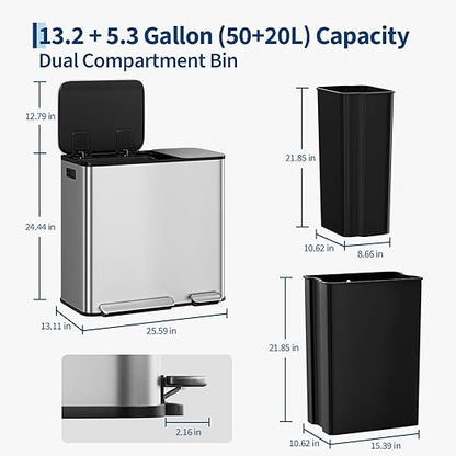 Dual Compartment Trash Can for Kitchen, 50L + 20L (18.5 Gallon) Stainless Steel Recycling Bin, Step Pedal Garbage Can with Soft Close Lid for Large Families, Brushed Silver