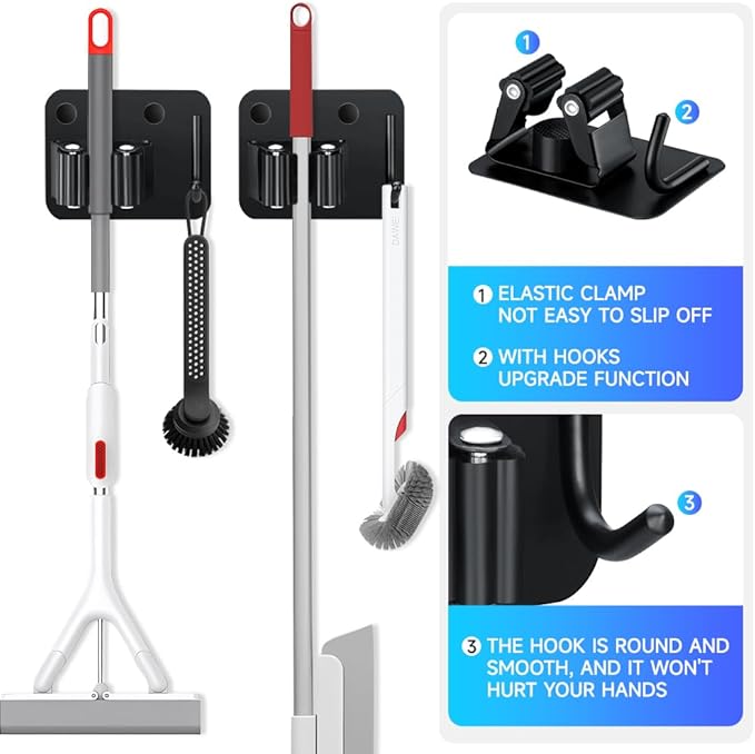 JAMEND CLXP 4-Pack Broom Holder with Heavy Duty Hooks, Upgraded Stainless Steel Mop Hanger. Wall Mount Utility Tool Rack for Kitchen Garden Laundry Garage. Matte Black.