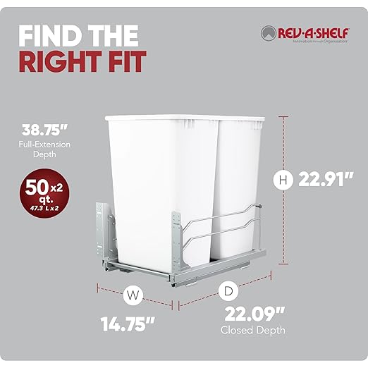 Rev-A-Shelf Double Pullout Trash Cans for Full Height Kitchen Cabinets 50 Quart 12.5 Gallon with Soft-Close Slides, 14.5" Min Opening, 53WC-2150SCDM-211