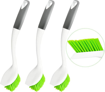 Dish Scrubber Set, Kitchen Brush for Cleaning with Scraper Edge, Green Multi-Purpose Scrub Brush with Handle for Dishes,Sink,Pots,Pans,Shower,Tile,Tubs - 3 Pack
