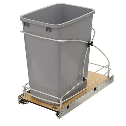 Rev-A-Shelf 35 Qt / 8.75 Gal Steel Bottom Mount Single Pullout Waste Container w/Soft-Close for Base Cabinets, Min Opening Width of 11", Silver, 54WC-1535SC-17-1